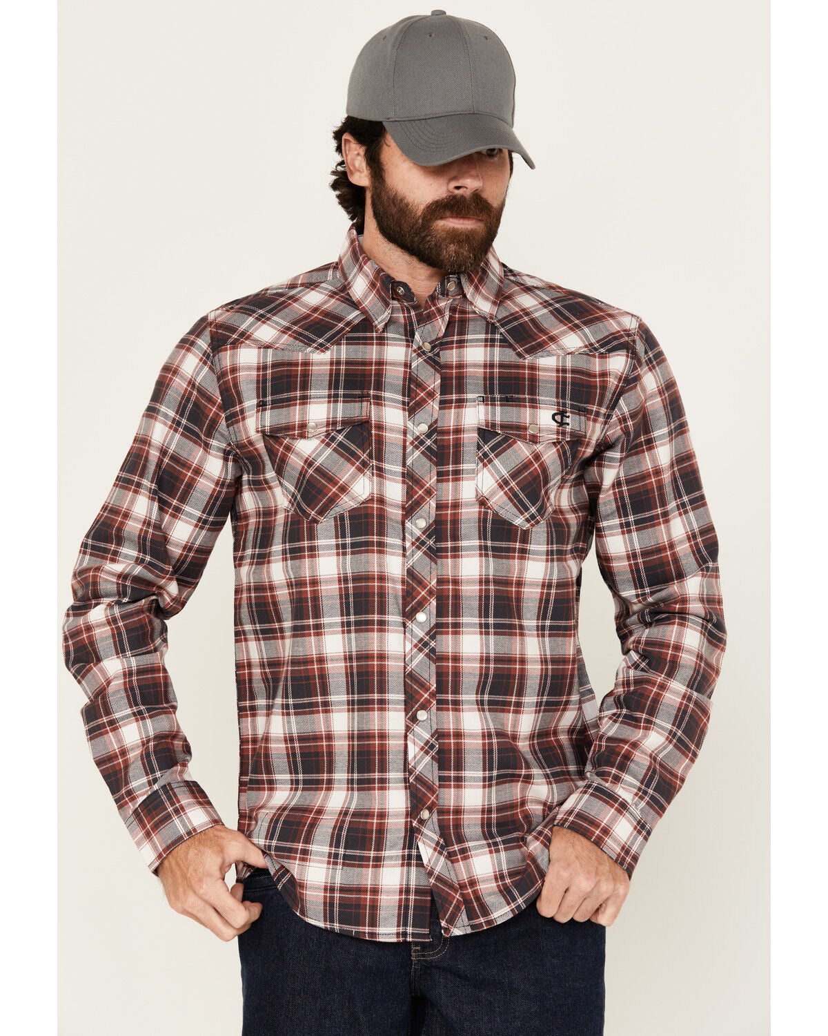 Cody James Men's FR Plaid Print Long Sleeve Snap Work Shirt, Burgundy, hi-res