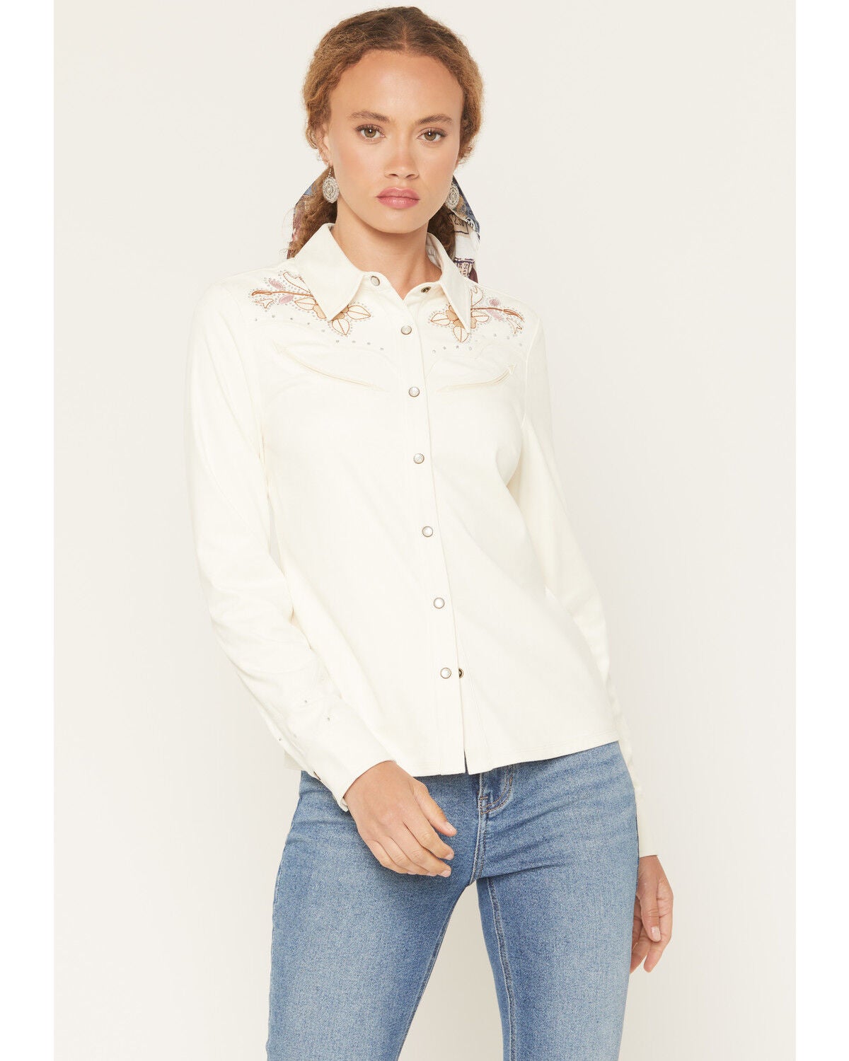 Idyllwind Women's Randy Embroidered Faux Suede Long Sleeve Snap Western Shirt, White, hi-res