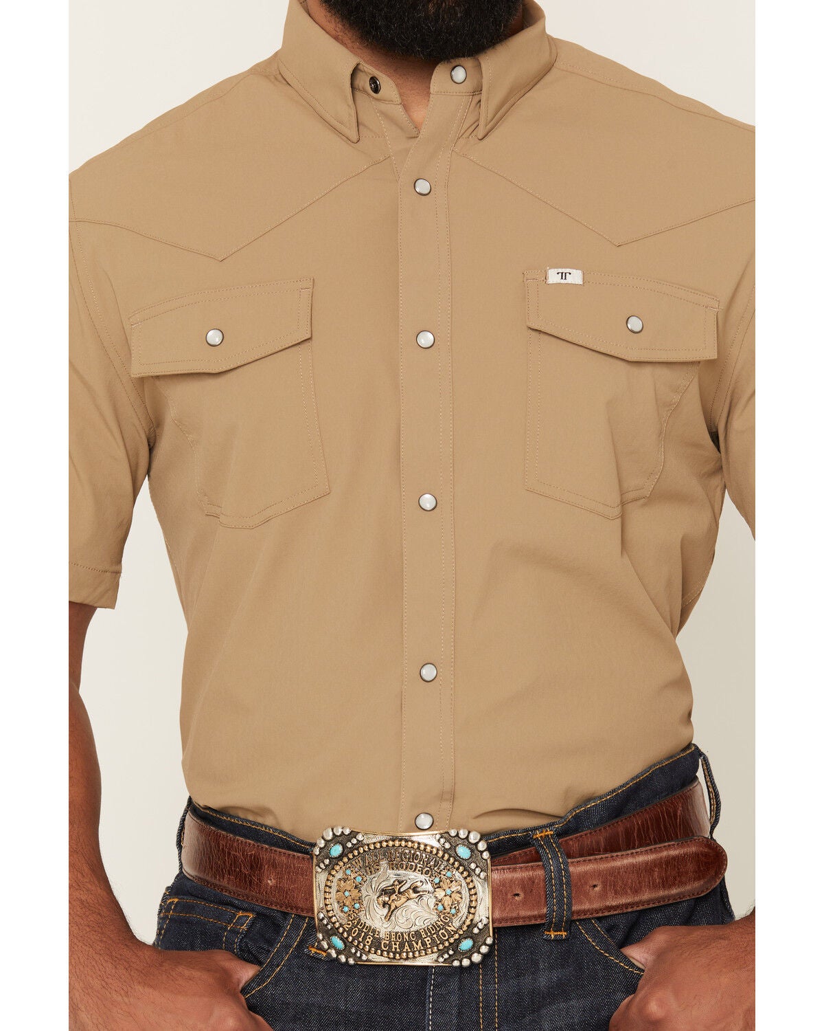 Image #3 - Ferrell Men's Tek Solid Short Sleeve Pearl Snap Stretch Performance Western Shirt, Khaki, hi-res