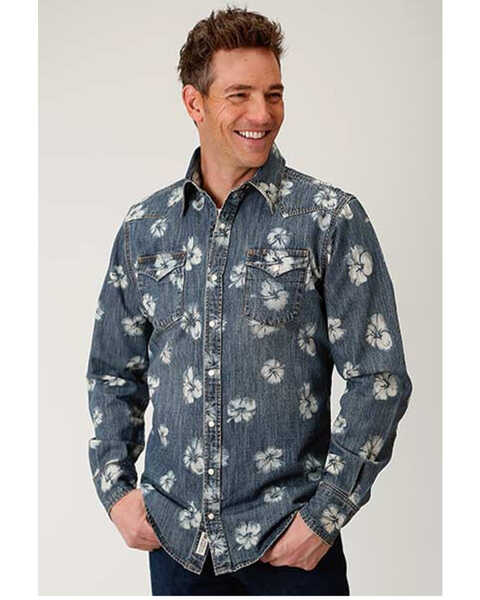 Stetson Men's Original Rugged Denim Floral Print Long Sleeve Pearl Snap Western Shirt , Blue, hi-res