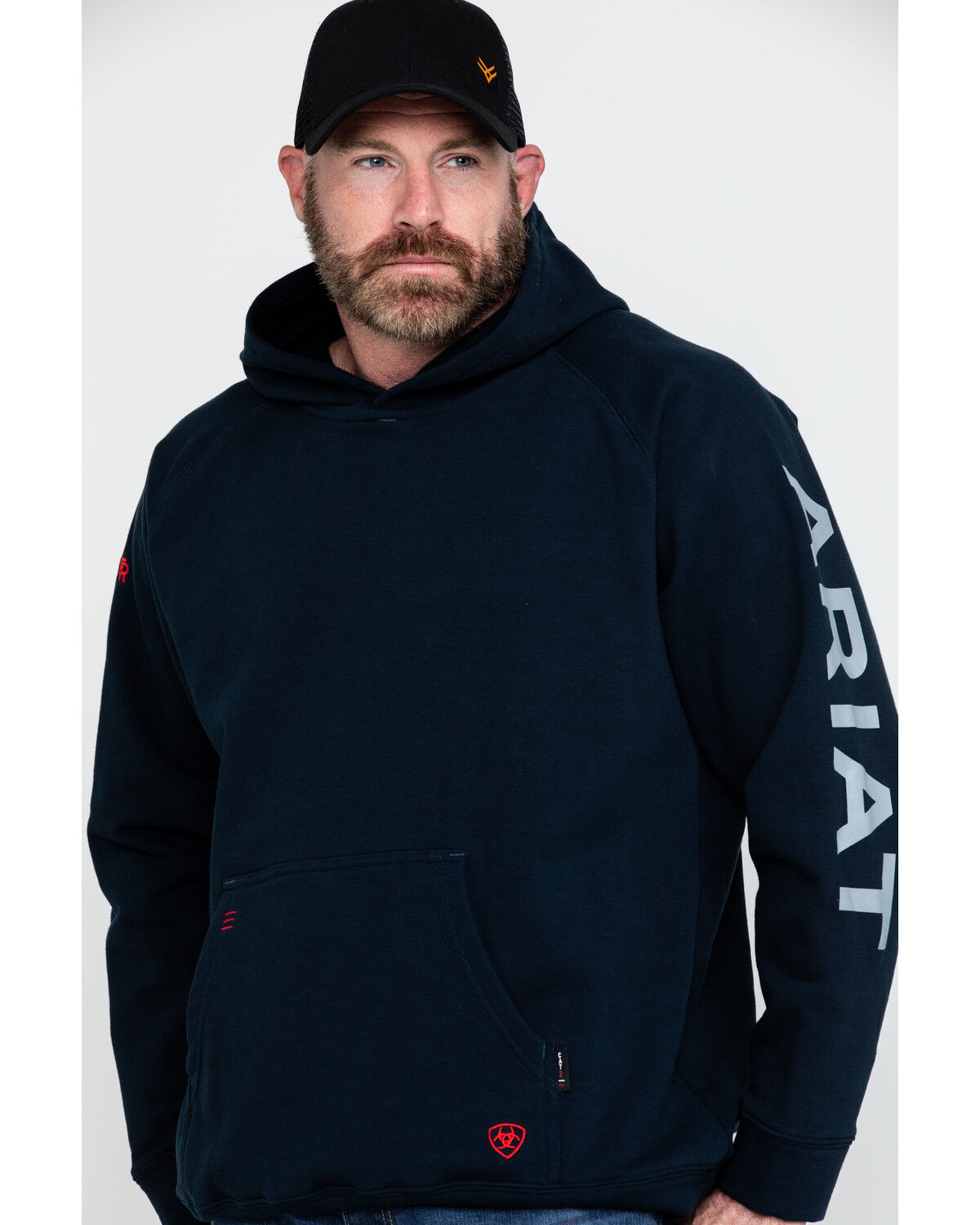 Image #1 - Ariat Men's FR Primo Fleece Logo Hooded Work Sweatshirt - Tall, Navy, hi-res