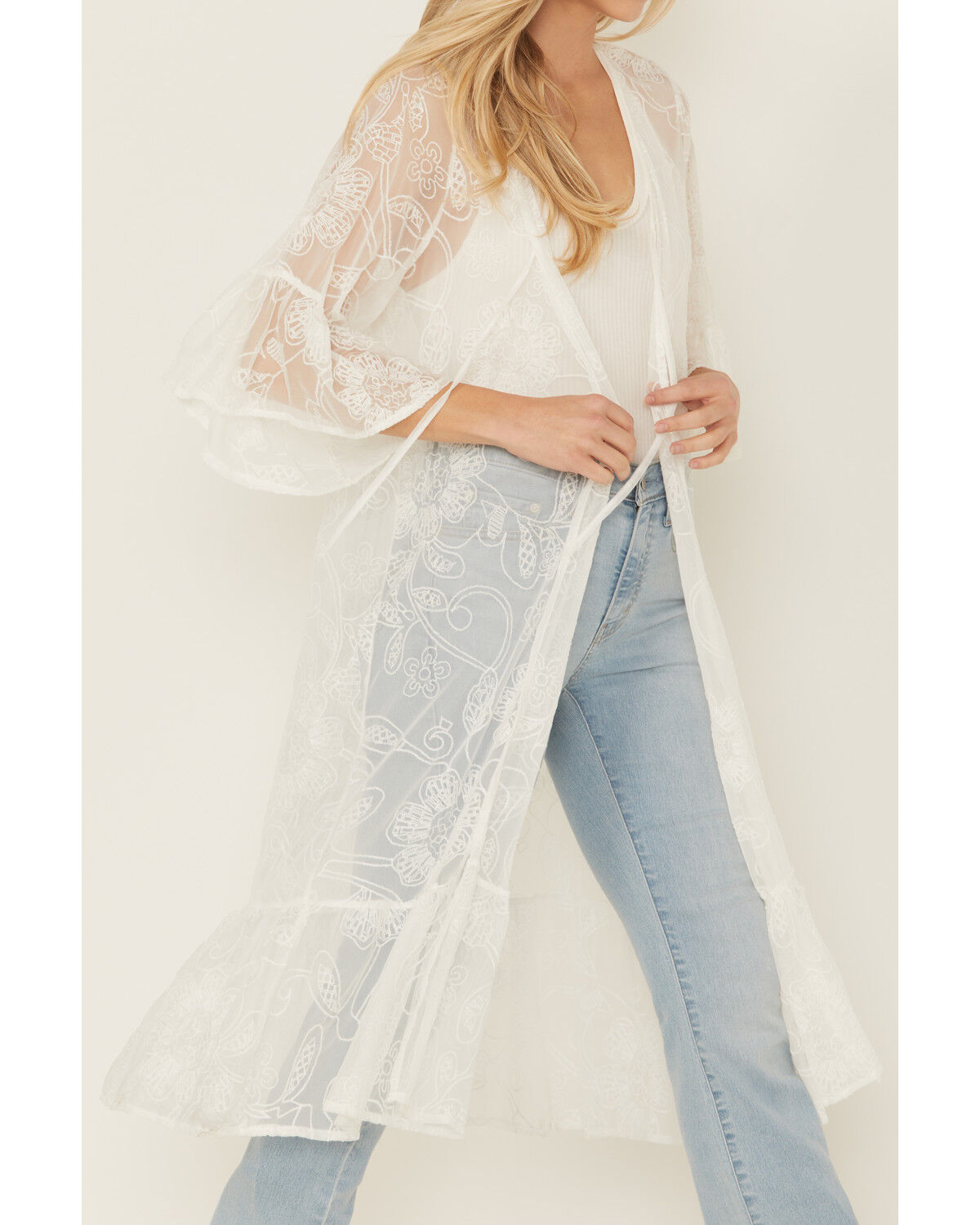Image #3 - Shyanne Women's Tie-Front Embroidered Mesh Kimono, Ivory, hi-res