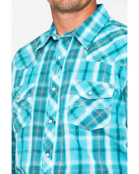 Image #4 - Rock & Roll Denim Men's Poplin Plaid Print Snap Long Sleeve Western Shirt , Blue, hi-res