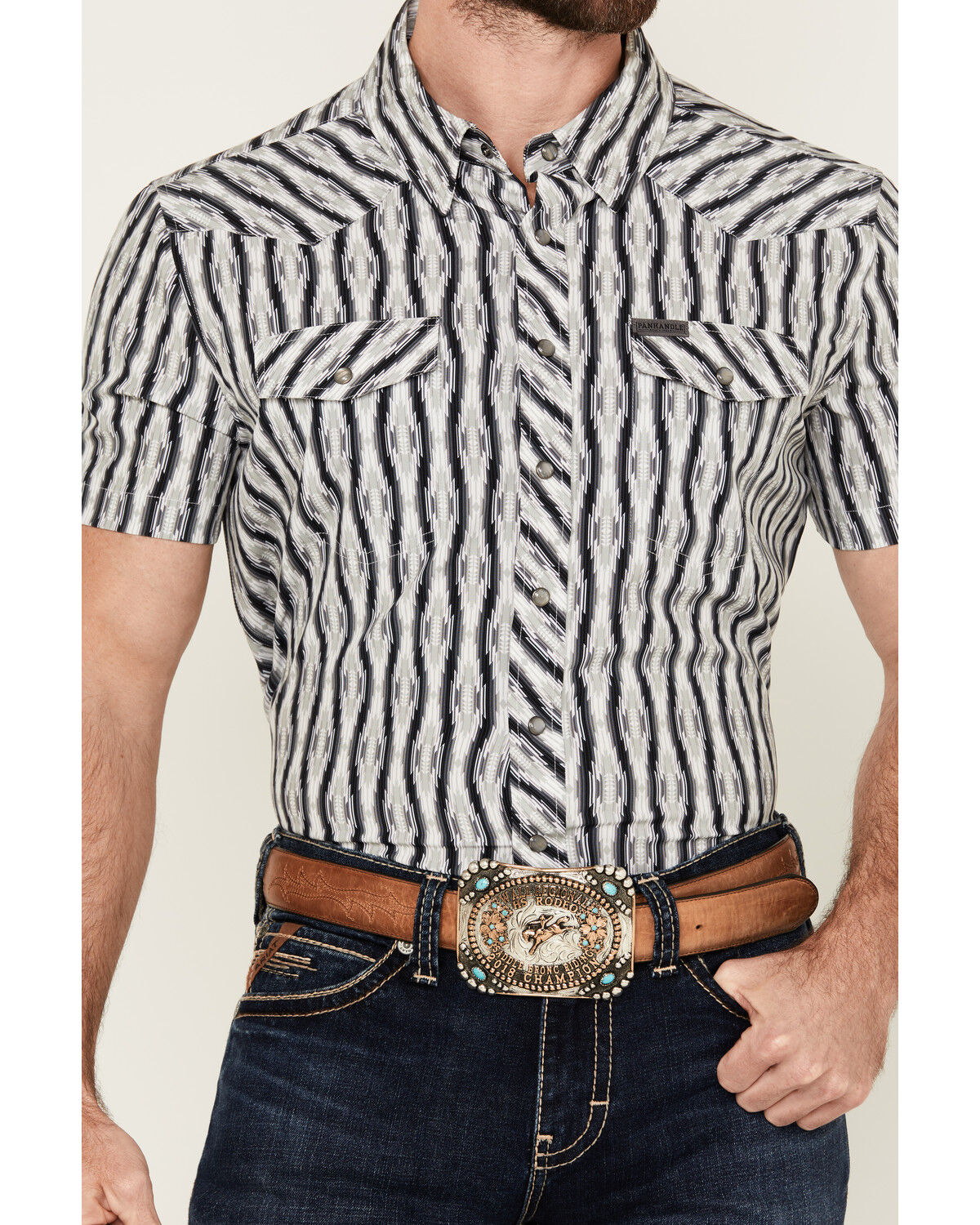 Image #3 - Panhandle Men's Southwestern Print Short Sleeve Snap Stretch Western Shirt, Black, hi-res