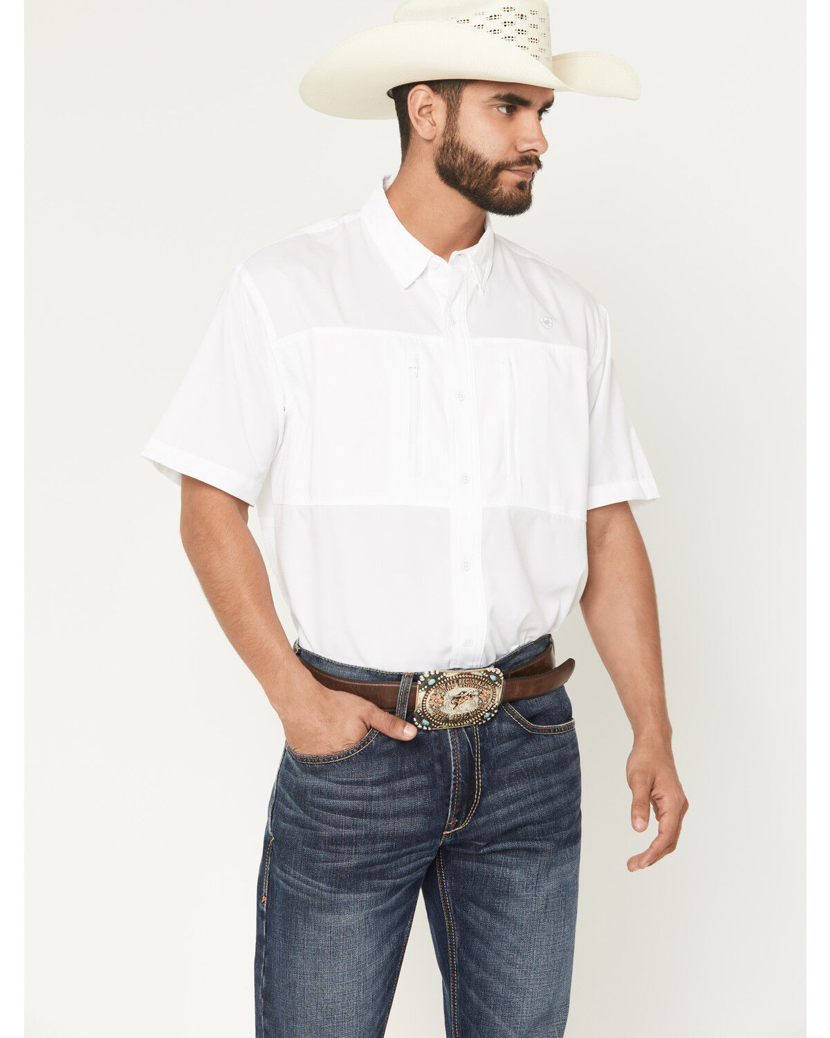 Image #1 - Ariat Men's VentTEK Solid Short Sleeve Button-Down Western Shirt, White, hi-res