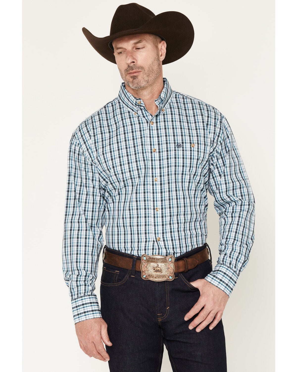 Wrangler Men's Plaid Print Long Sleeve Button-Down Western Shirt, Teal, hi-res