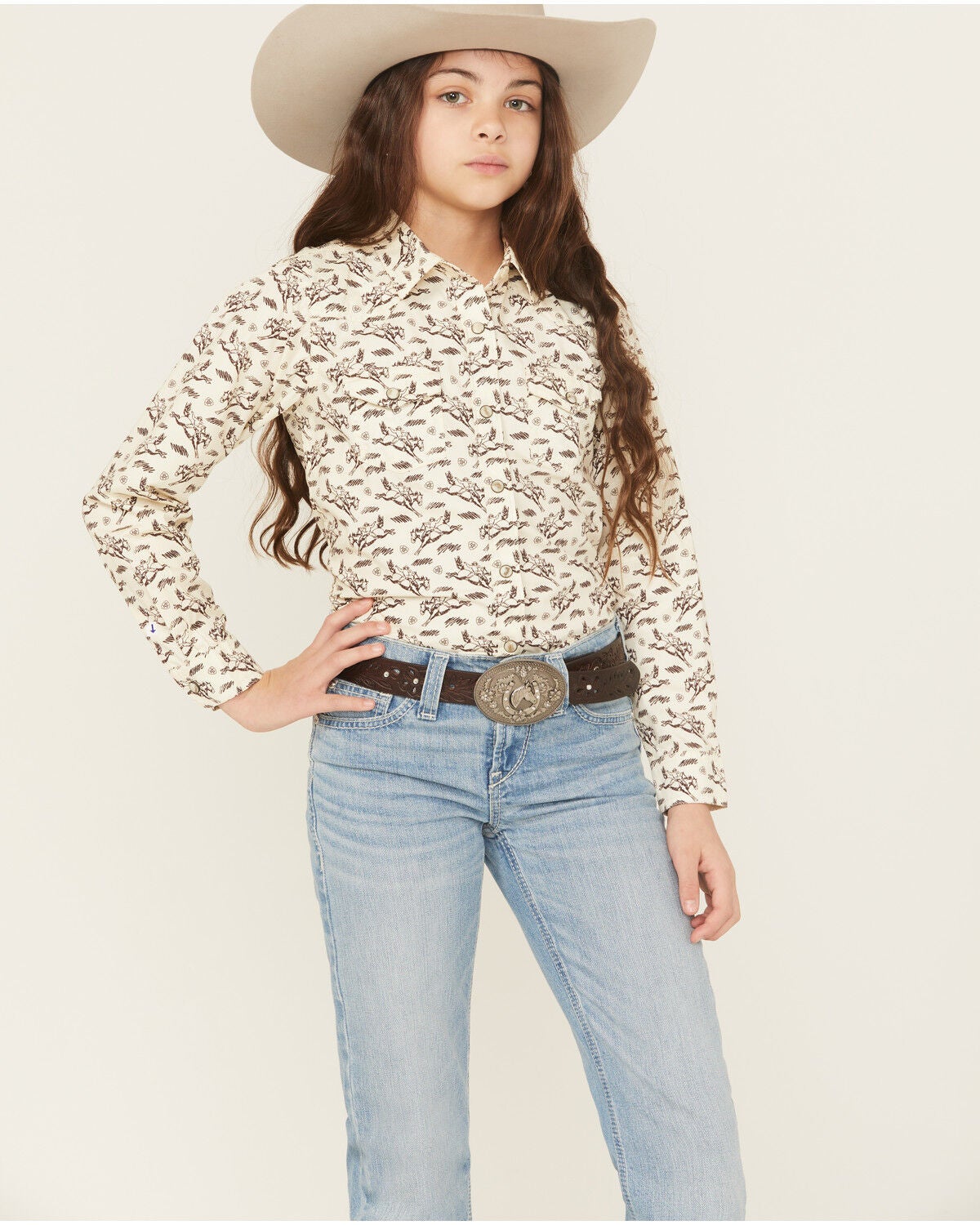 Image #1 - Ariat Girls' Horse Print Long Sleeve Snap Western Shirt, Cream, hi-res