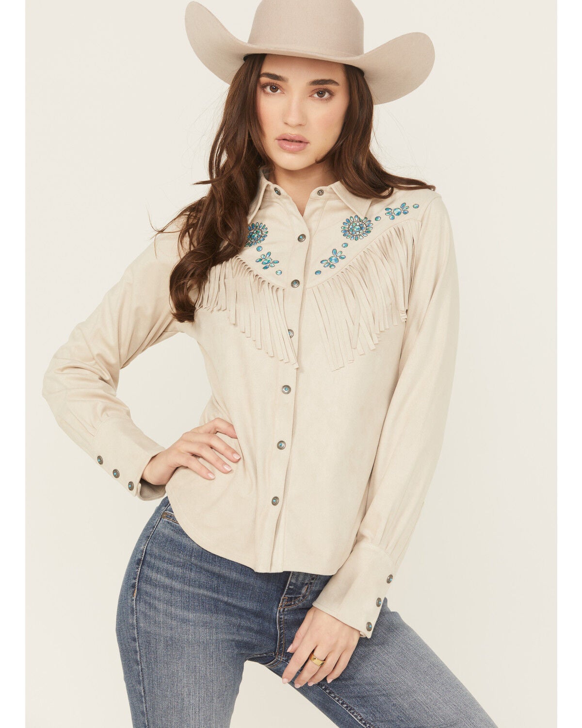 Image #1 - Shyanne Women's Embellished Faux Suede Long Sleeve Fringe Top, Oatmeal, hi-res