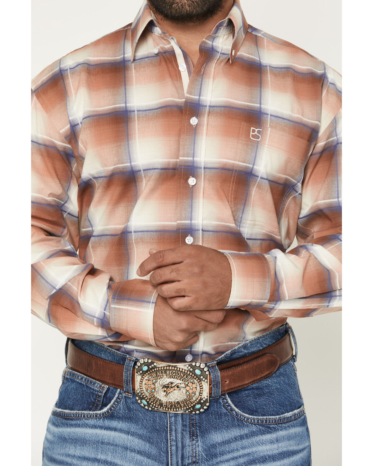 Image #3 - Panhandle Slim Men's Plaid Print Long Sleeve Button-Down Stretch Western Shirt, Rust Copper, hi-res