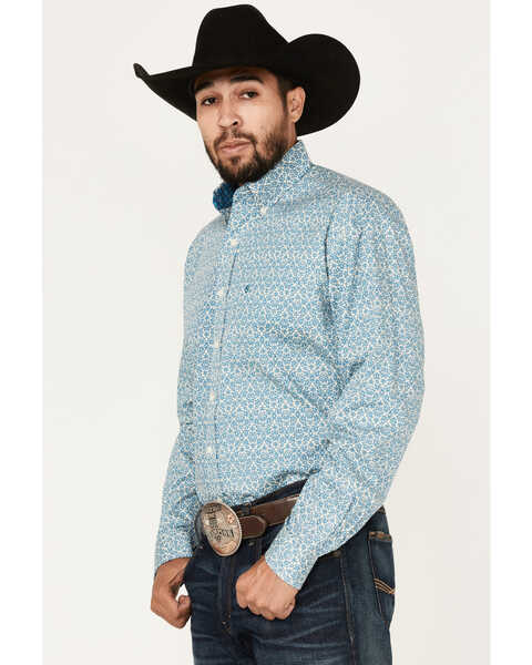 Image #2 - Stetson Men's Floral Geo Print Long Sleeve Button Down Western Shirt, Blue, hi-res