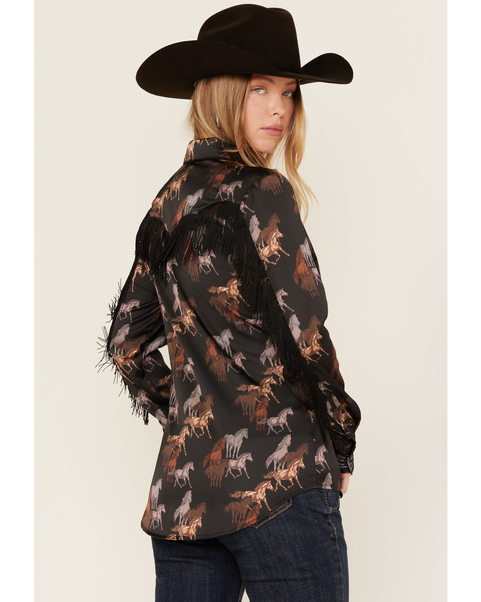 Rock Roll Denim Women s Horse Print Fringe Long Sleeve Snap Stretch Western Shirt Sheplers