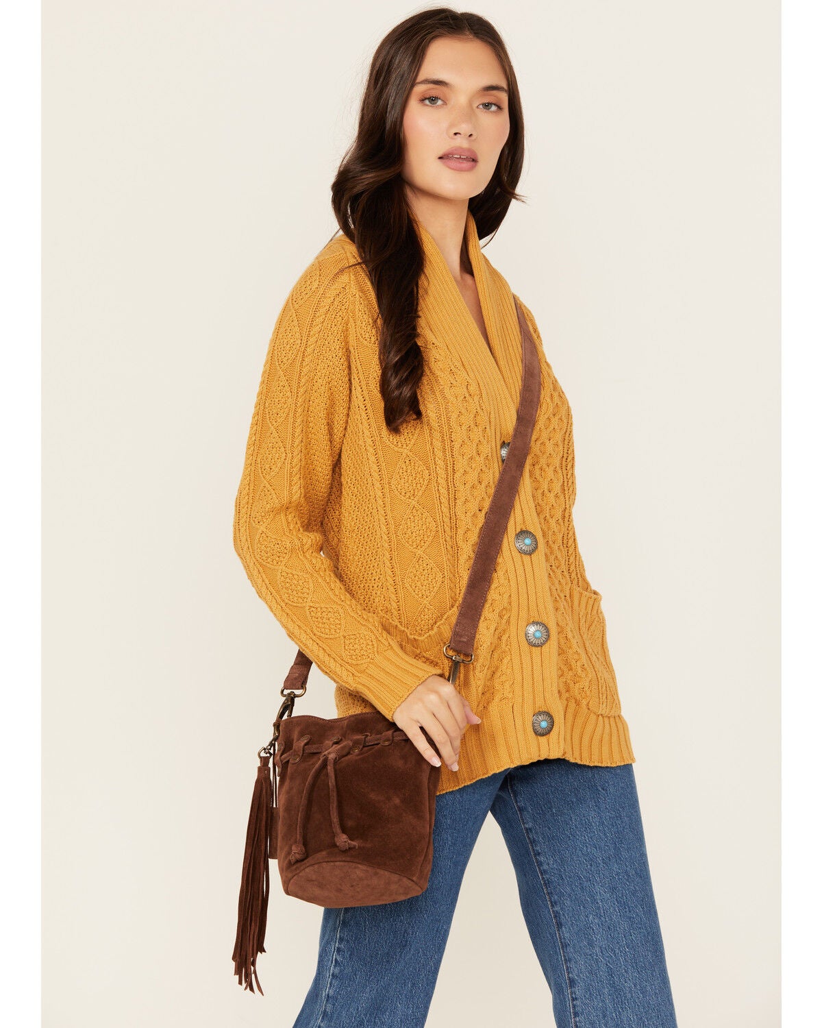 Shyanne Women's Aria Suede Bucket Crossbody Bag, Brown, hi-res