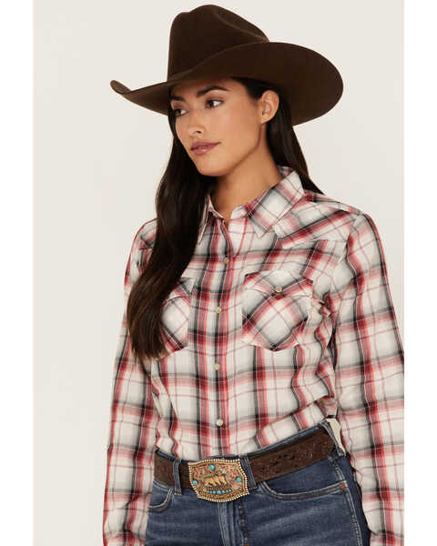Wrangler Women's Essential Plaid Print Long Sleeve Snap Western Shirt, Red, hi-res