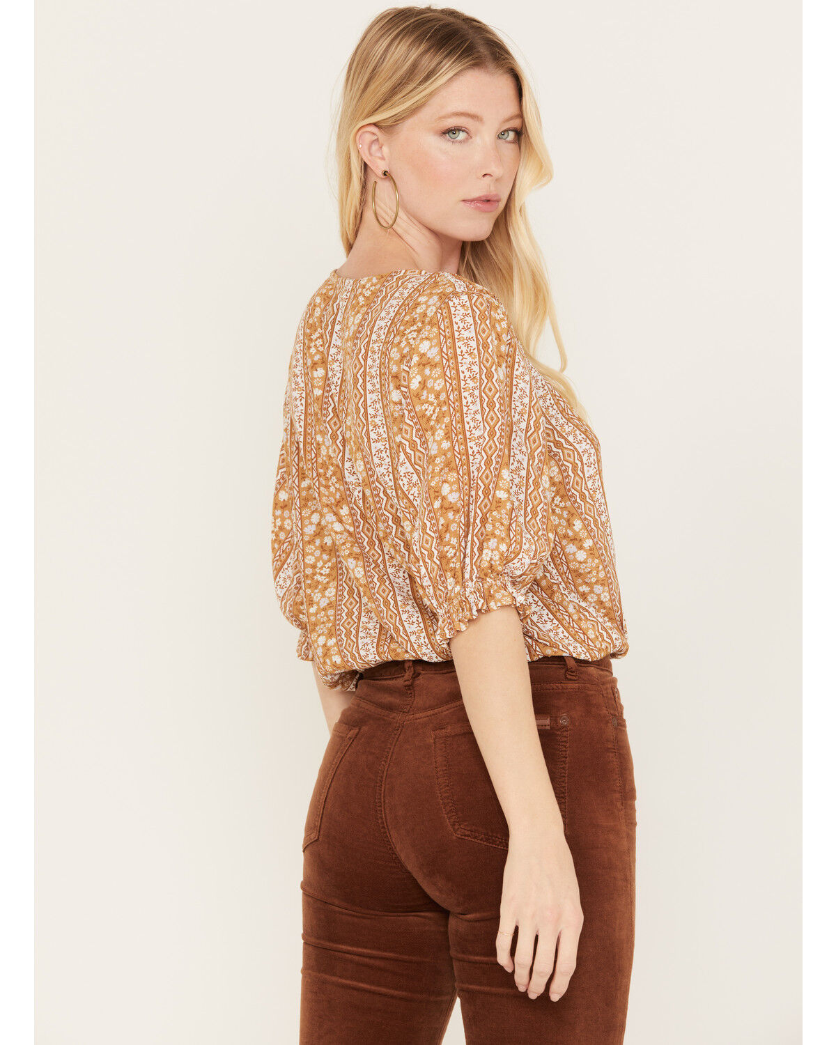 Image #4 - Wrangler Retro Women's Floral Striped Peasant Top, Brown, hi-res