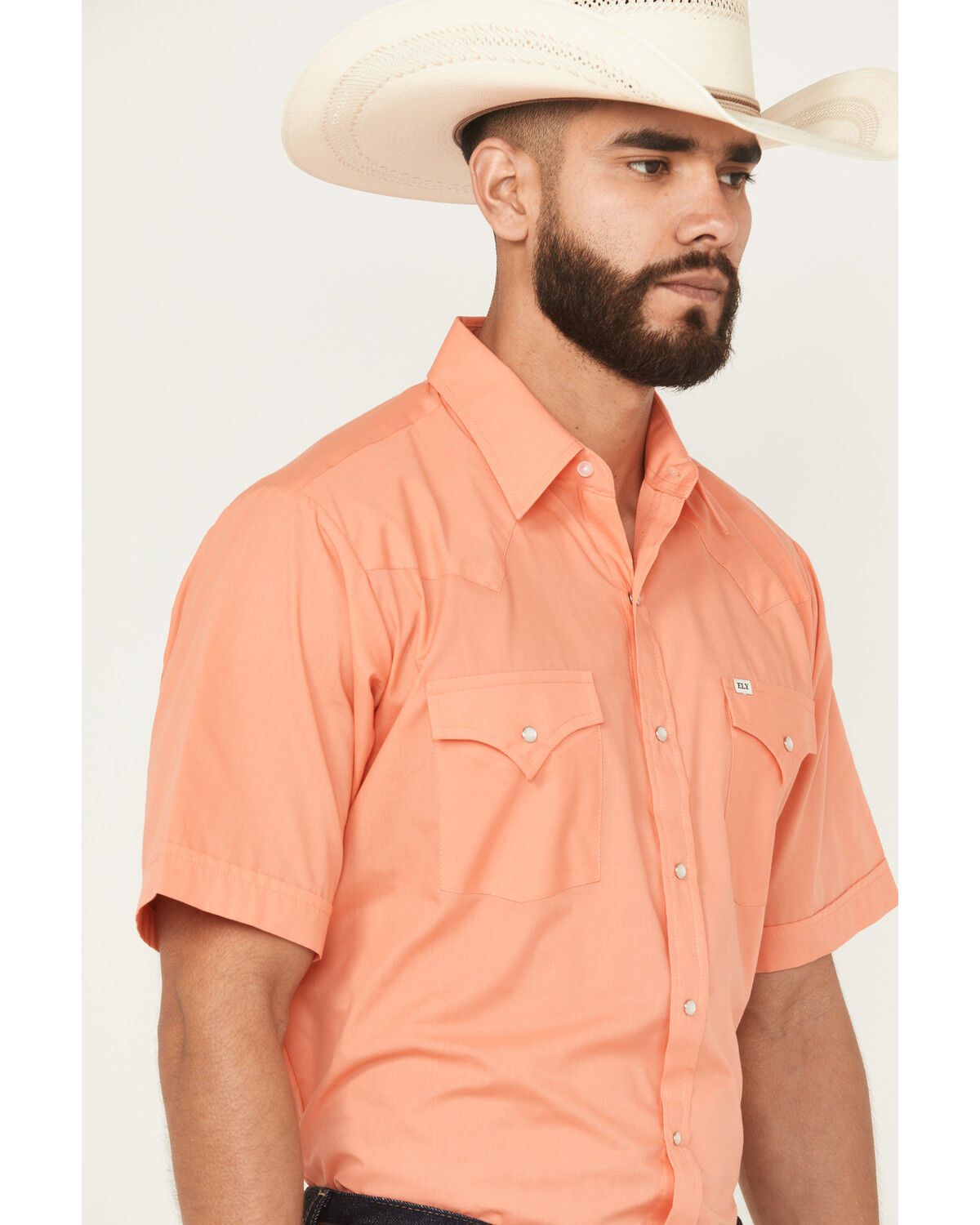 Image #2 - Ely Walker Men's Solid Short Sleeve Pearl Snap Western Shirt, Coral, hi-res