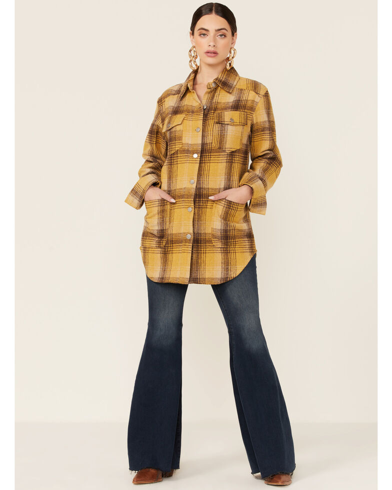 Boom Boom Jeans Women's Plaid Long Sleeve Button-Down Flannel Big Shirt, Mustard, hi-res