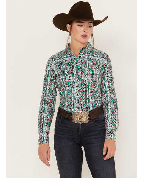 Image #1 - RANK 45® Women's Southwestern Striped Print Long Sleeve Snap Western Riding Shirt, Teal, hi-res