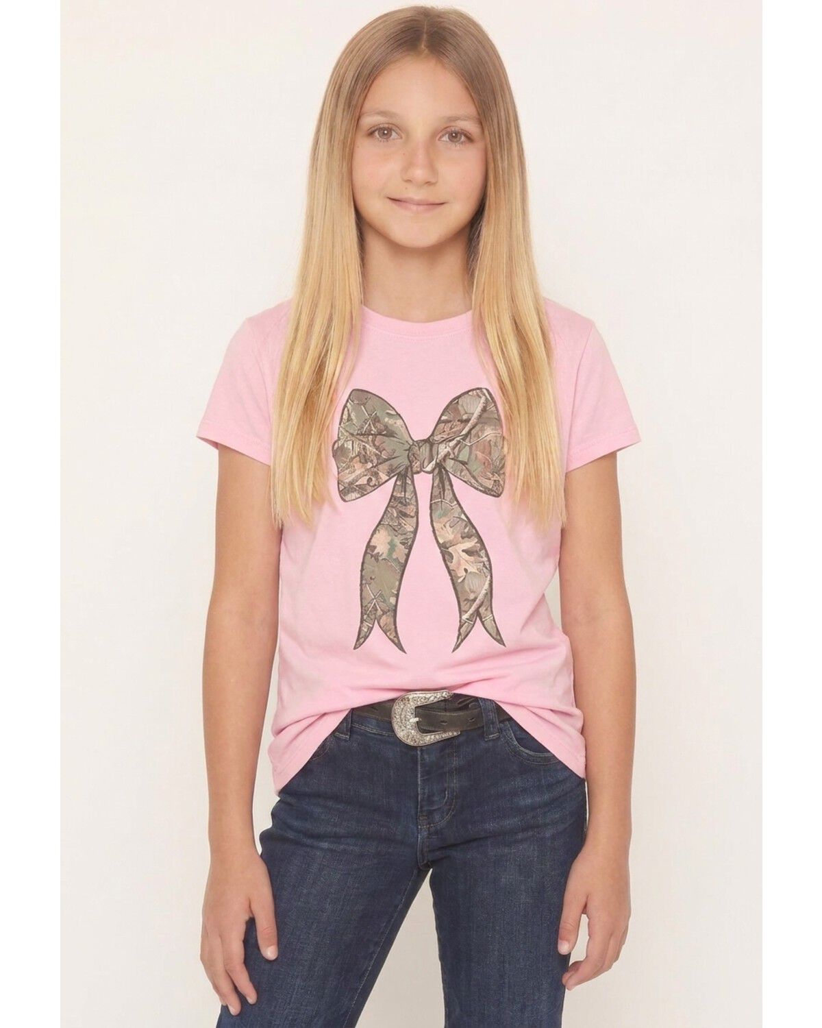 Image #1 - Americana Girls' Camo Bow Short Sleeve Graphic Tee, Pink, hi-res