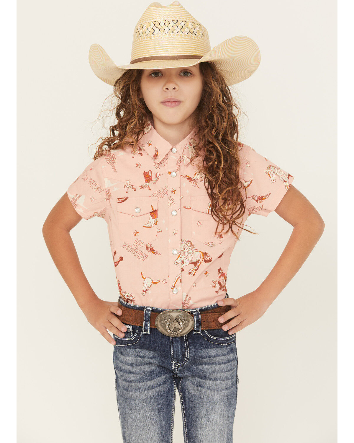 Image #1 - Shyanne Girls' Conversational Print Fringe Short Sleeve Snap Stretch Western Shirt, Light Pink, hi-res