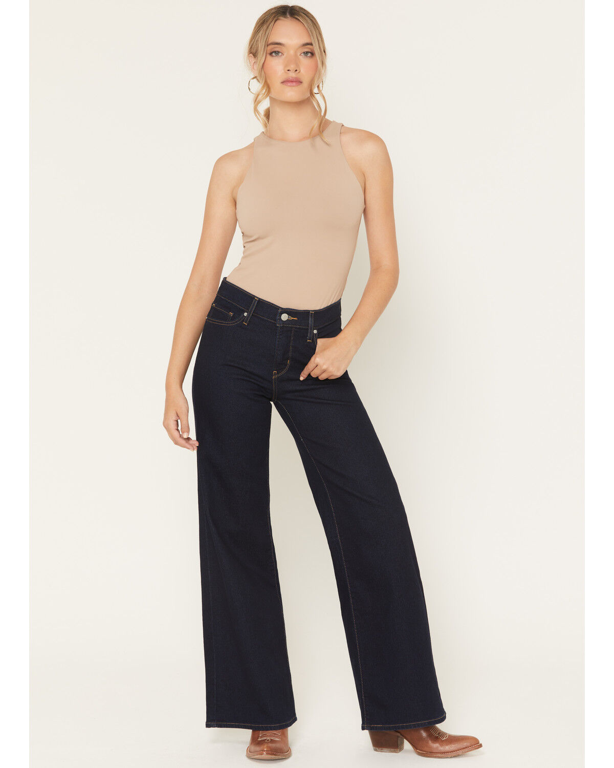 Image #1 - Levi's Women's Darkest Sky Dark Wash Mid Rise Shaping Wide Leg Stretch Denim Jeans, Dark Wash, hi-res