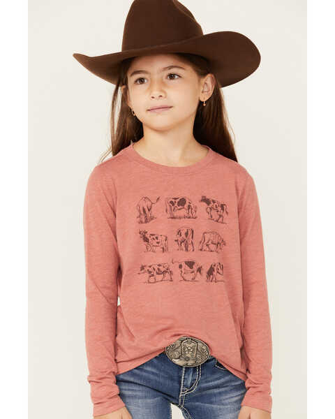 Shyanne Girls' Grazing Cows Long Sleeve Graphic Tee, Coral, hi-res