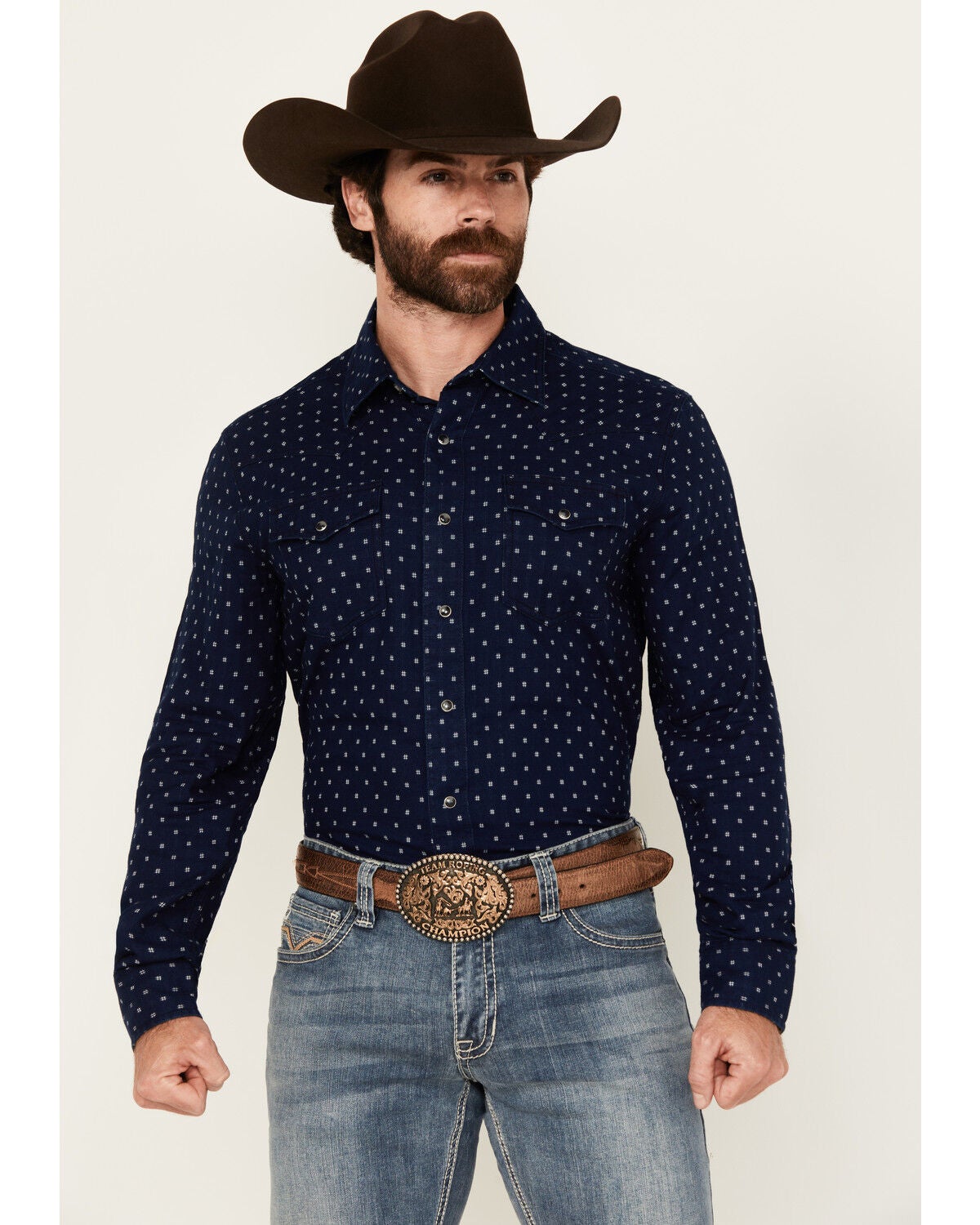 Image #1 - Wrangler Retro Men's Printed Long Sleeve Snap Western Shirt, Navy, hi-res