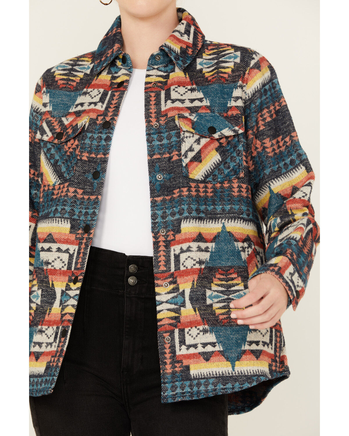 Image #3 - Rock & Roll Denim Women's Southwestern Print Snap Shacket, Teal, hi-res