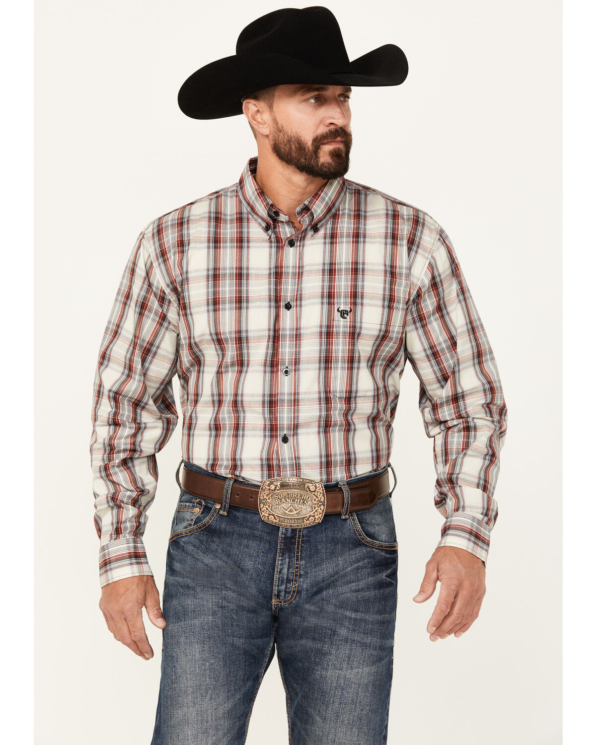 Image #1 - Cowboy Hardware Men's Dutton Plaid Print Long Sleeve Button-Down Western Shirt, Cream, hi-res