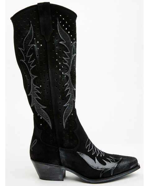 Image #2 - Italian Cowboy Women's Perforated Tall Western Boots - Snip Toe , Black, hi-res