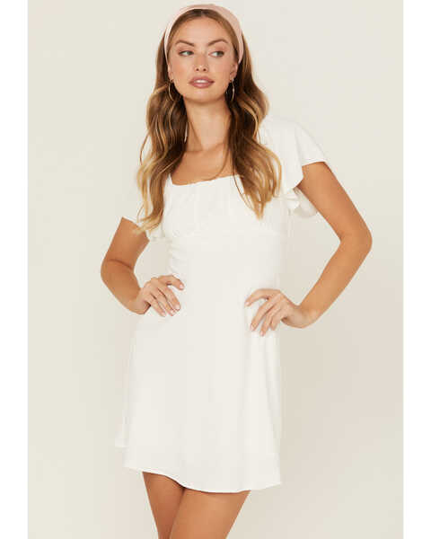 Image #1 - La La Land Women's Emma Flutter Sleeve Tie Back Mini Dress , Off White, hi-res