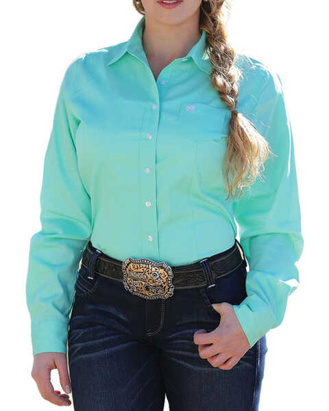 Cinch Women's Solid Green Button Down Western Shirt, Green, hi-res