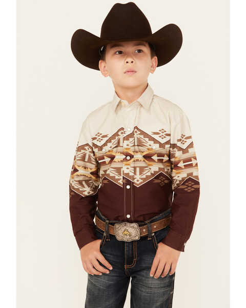 Roper Boys' Southwestern Border Print Long Sleeve Pearl Snap Western Shirt, White, hi-res