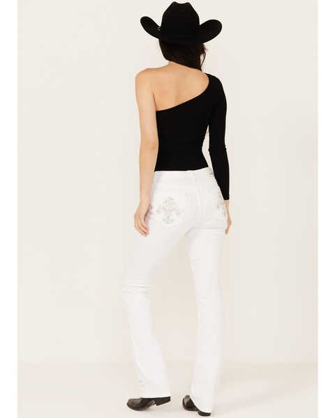 Image #1 - Grace In LA Women's Fleur De Lis Pocket Mid Rise Bootcut Stretch Denim Jeans , White, hi-res