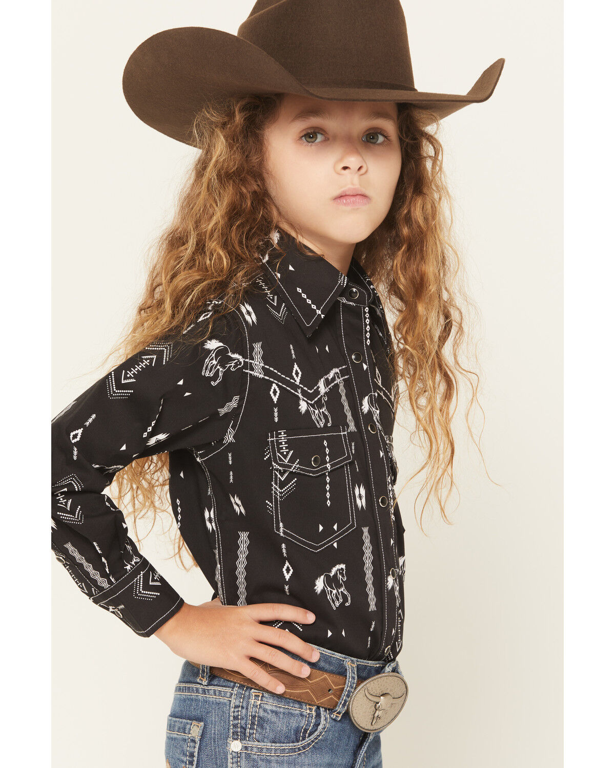 Image #2 - Cowgirl Hardware Girls' Horse Southwest Long Sleeve Snap Stretch Western Shirt, Black, hi-res