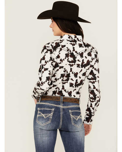 Image #4 - Cowgirl Hardware Women's Cow Print Snap Long Sleeve Western Shirt , Brown, hi-res