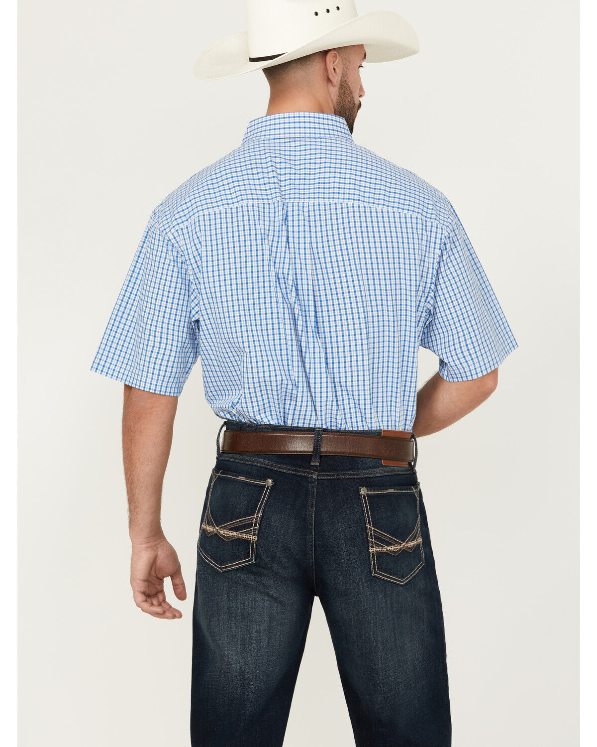 Image #4 - George Strait by Wrangler Men's Plaid Print Short Sleeve Button-Down Stretch Western Shirt, Blue, hi-res