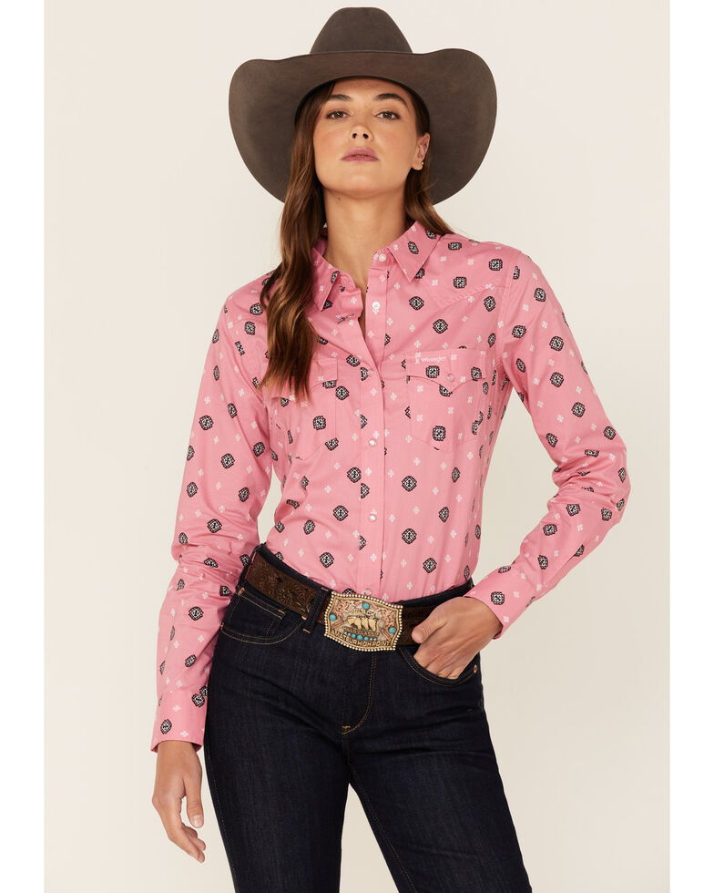 Wrangler Women's Tough Enough To Wear Pink Ditsy Print Snap Western Shirt, Pink, hi-res