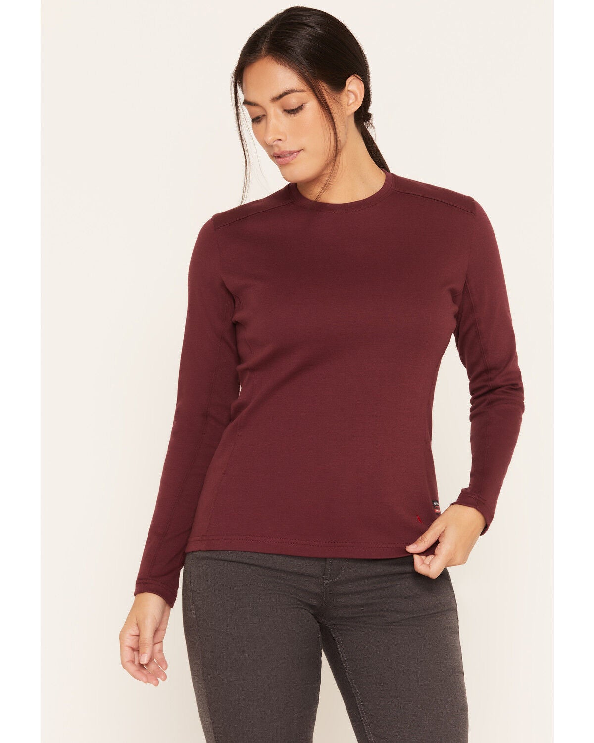 Forge Workwear Women's FR Crew Neck Long Sleeve Work Tee, Burgundy, hi-res
