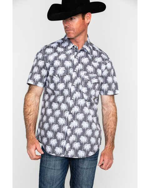 Rock & Roll Denim Men's Crinkle Washed Palm Print Short Sleeve Western Shirt , Grey, hi-res