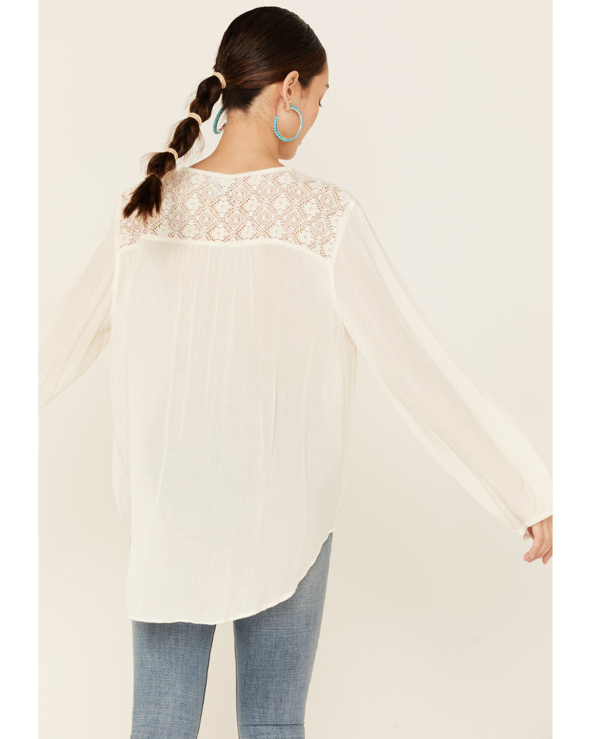 Image #3 - Nostalgia Women's Solid Cream Lace Tie-Front Long Sleeve Top, Cream, hi-res
