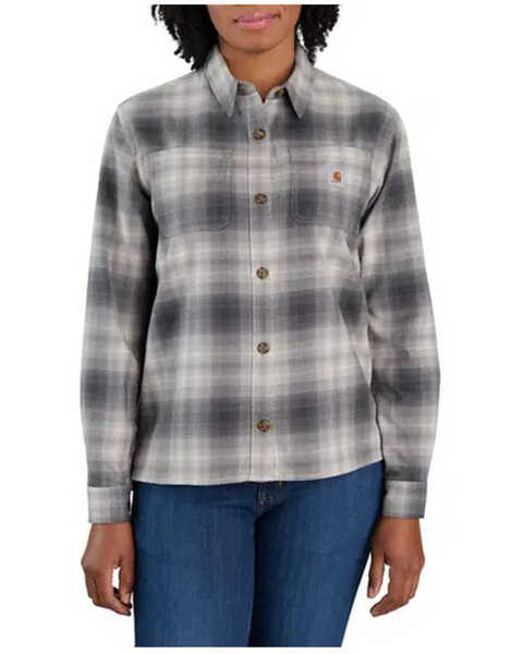 Image #1 - Carhartt Women's Rugged Flex Loose Fit Midweight Flannel Plaid Print Long Sleeve Button Down Work Shirt, Charcoal, hi-res