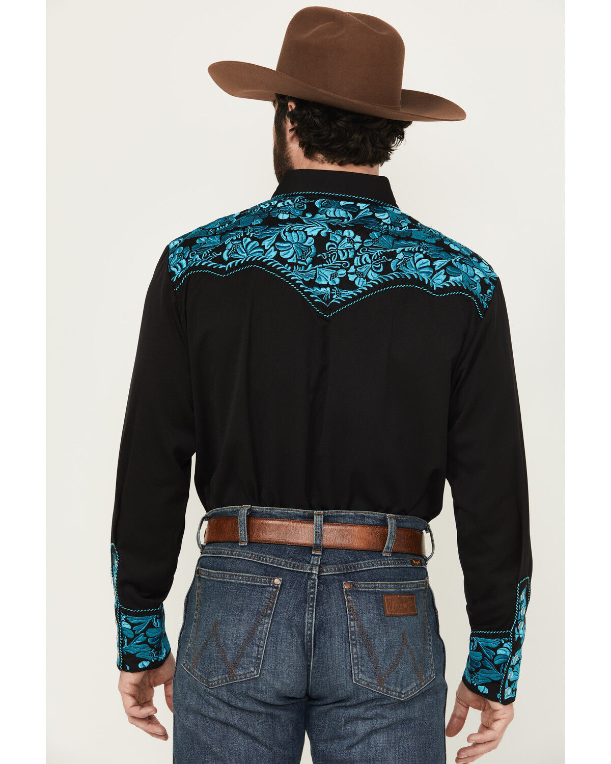 Image #5 - Scully Men's Gunfighter Embroidered Long Sleeve Snap Western Shirt, Turquoise, hi-res