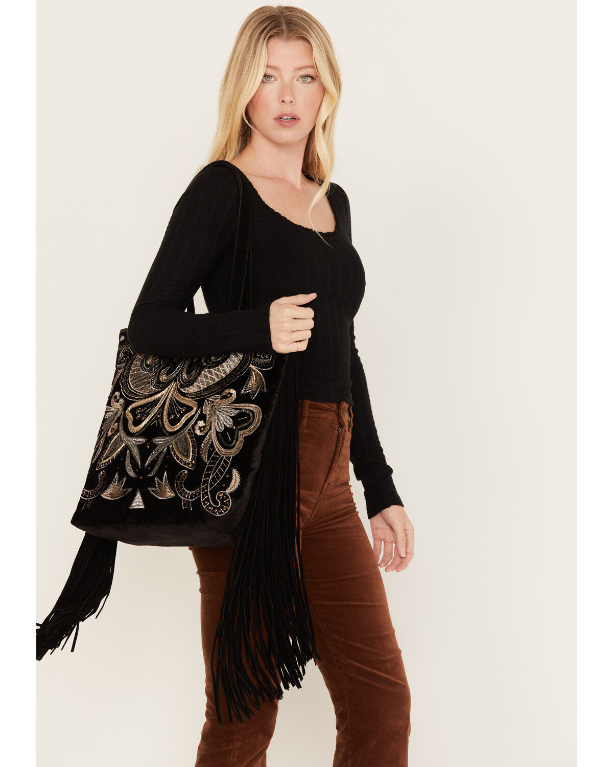 Image #1 - Shyanne Women's Velvet Embroidered Beaded & Fringe Tote, Black, hi-res