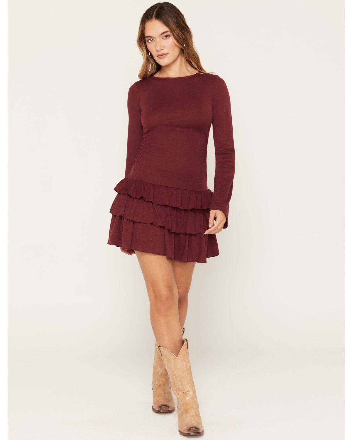Image #1 - Cleo + Wolf Women's Drop Waist Tiered Knit Mini Dress, Wine, hi-res