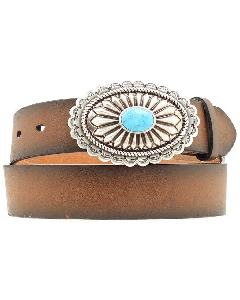 Ariat Faux Turquoise Oval Buckle Belt, Brown, hi-res