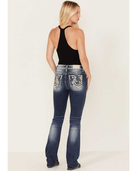 Miss Me Women's Medium Wash Mid-Rise Horseshoe Pocket Sequin Bootcut Jeans, Dark Blue, hi-res