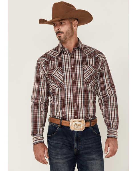 Image #1 - Rough Stock By Panhandle Men's Ombre Plaid Print Long Sleeve Pearl Snap Western Shirt , Maroon, hi-res
