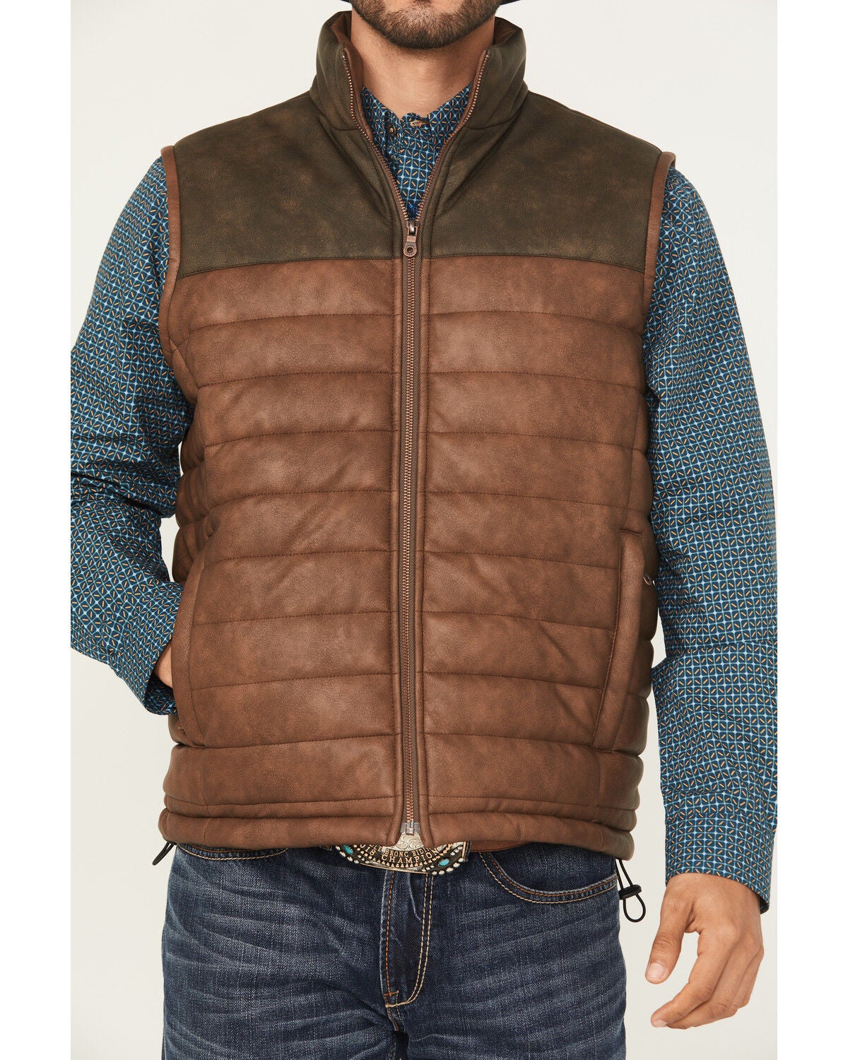 Image #3 - Cripple Creek Men's Faux Leather Puffer Vest, Brown, hi-res