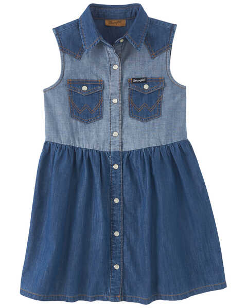 Image #1 - Wrangler Girls' Two-Tone Denim Sleeveless Snap Dress, Blue, hi-res