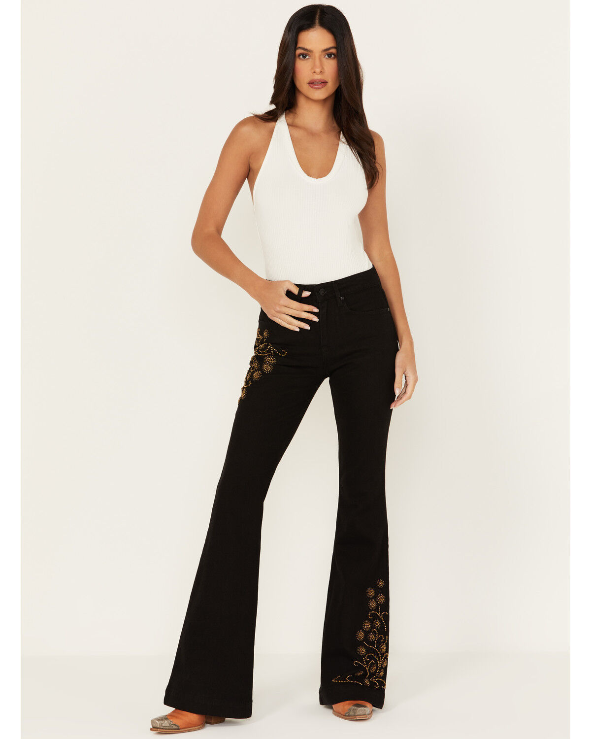 Image #1 - Shyanne Women's Sand Palm High Rise Embellished Flare Jeans, Black, hi-res